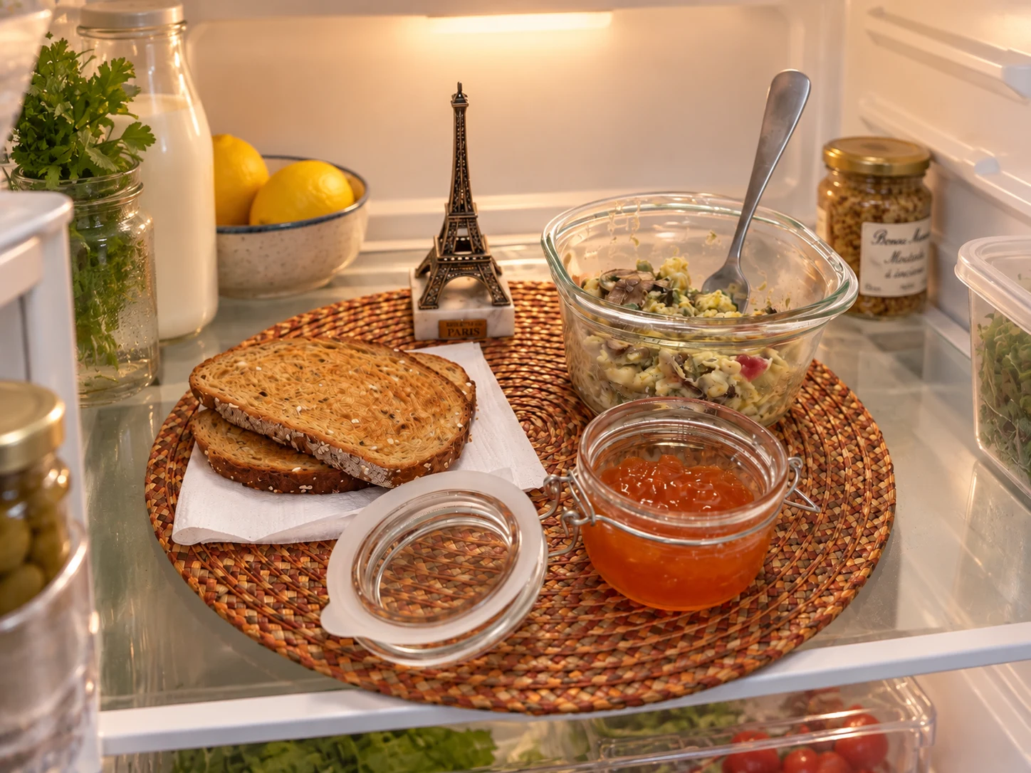 Repas préparé par Antoine, présenté au réfrigérateur.