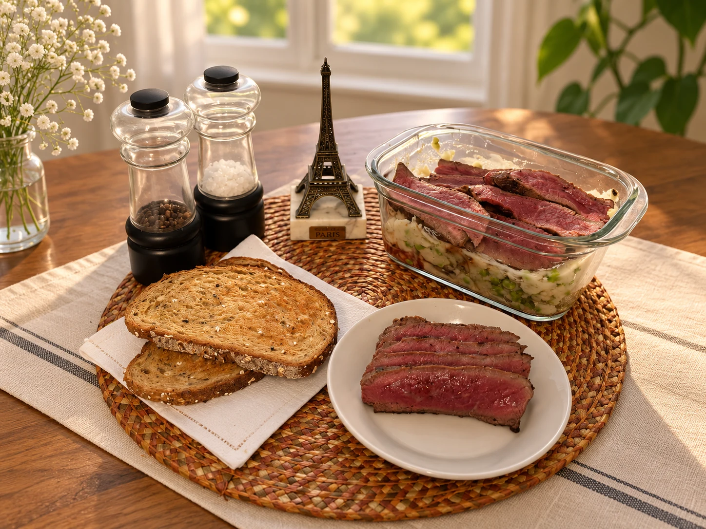 Steak et pommes de terre préparés par Antoine, servis à table et en verre.