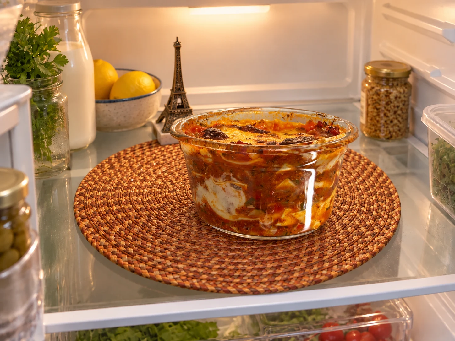 Lasagnes dans leur contenant en verre, au réfrigérateur.
