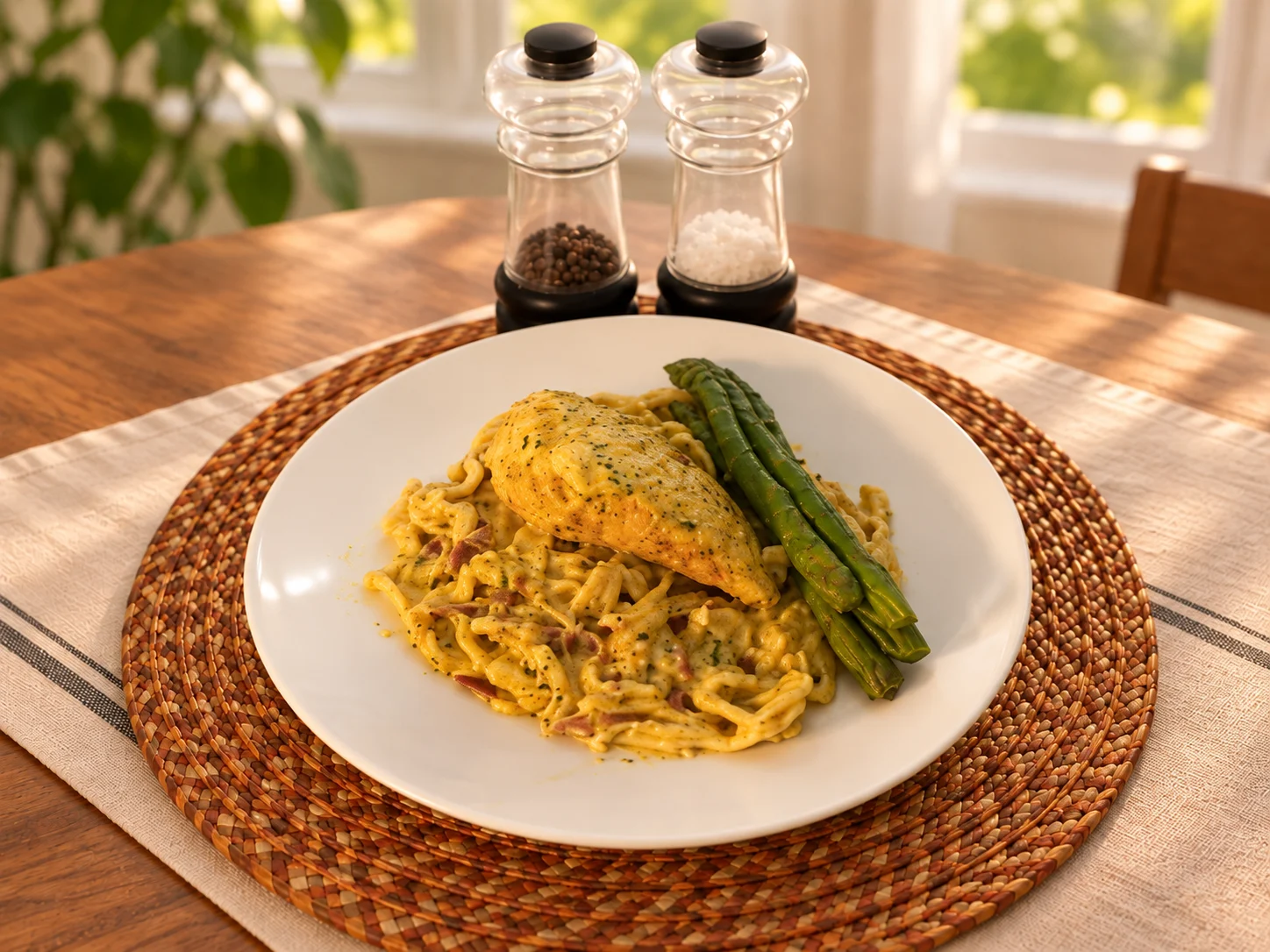 Assiette préparée par Antoine : pâtes, asperges et plat en sauce aux herbes.