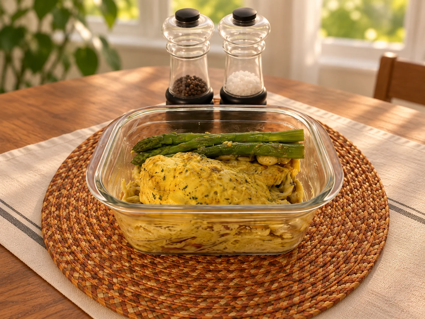 Poulet, des pâtes et des asperges en verre.